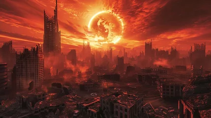 Foto op Plexiglas Apocalyptic Landscape Ruined City Skyline Under Fiery Red Sky - Dystopian 3D Illustration © Bijac