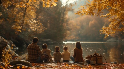Family on vacation by the river bank