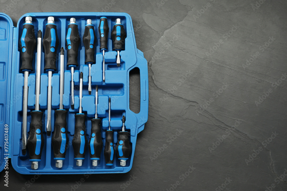 Poster set of screwdrivers in open toolbox on dark textured table, top view. space for text