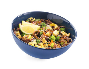 Stir-fry. Delicious cooked noodles with chicken and vegetables in bowl isolated on white