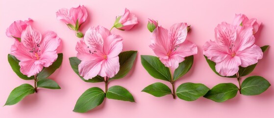   Group of pink flowers with green leaves on pink background; Text area on left side