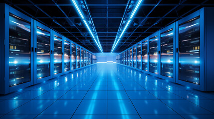 Sleek Data Center with Blue Neon Lights and Server Racks