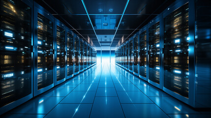 High-Tech Data Center with Server Racks and Bright End of Hallway - obrazy, fototapety, plakaty