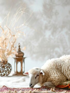 Sacred Sacrifice- Eid Al Adha Mubarak Background with Sheep and Islamic Prayer and copy space - generative ai