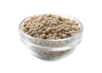 Aromatic spice. Many peppercorns in bowl isolated on white