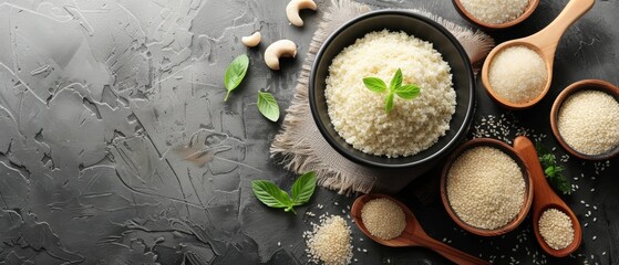 Obraz na płótnie Canvas Wooden spoon-topped table, white rice in bowls beside garlic & garlic flakes