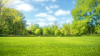 Beautiful blurred background image of spring nature with a neatly trimmed lawn surrounded by trees against a blue sky with clouds on a bright sunny day