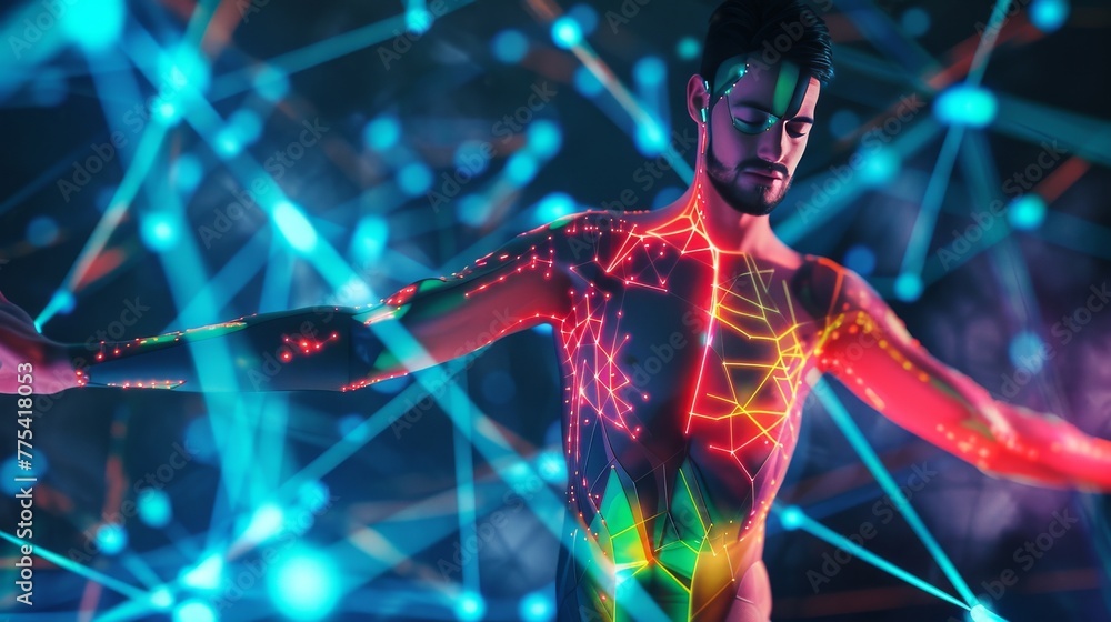 Aufkleber a futuristic 3d rendering of a human figure with a digital mesh overlay