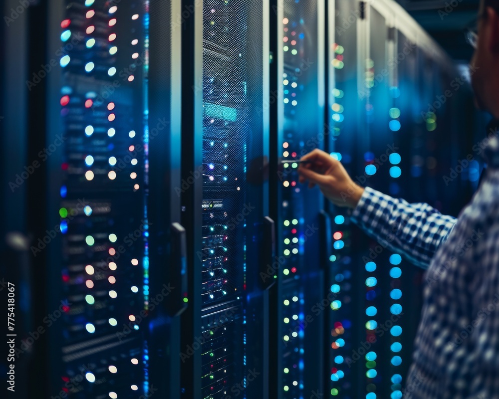 Poster technician inspecting cloud storage servers in a data center, close-up on the hardware ensuring data