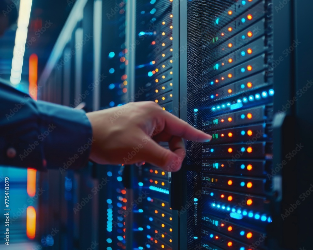 Poster close-up of technician meticulously examining data center servers, ensuring secure cloud storage.
