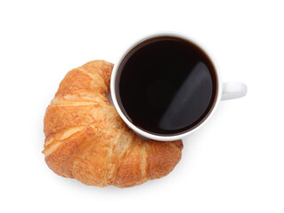 Fresh croissant and coffee isolated on white, top view. Tasty breakfast