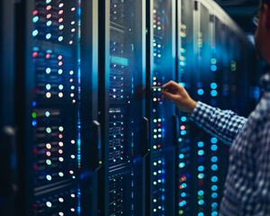 Technician inspecting cloud storage servers in a data center, close-up on the hardware ensuring data security