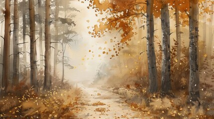 Atmospheric watercolor painting of a misty, autumnal forest path, with golden leaves falling gently and a sense of tranquility and nostalgia