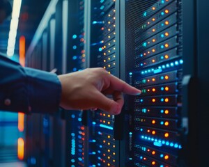 Close-up of technician meticulously examining data center servers, ensuring secure cloud storage.