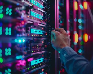 Technician conducts thorough inspection of data center servers, ensuring cloud data security.
