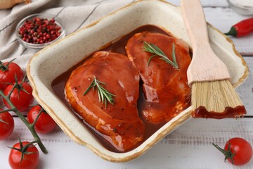 Raw marinated meat, rosemary and basting brush on white wooden table, closeup