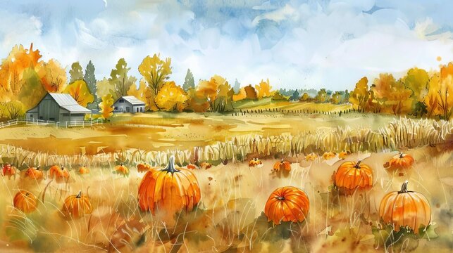 Autumn pumpkin farm landscape, watercolor illustration of harvest season