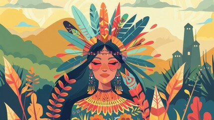 Beautiful Woman in Boho Headdress with Nature and Ancient Castle Background Vector Illustration