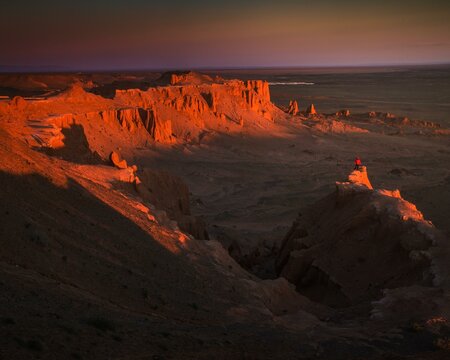 Morning in Flaming cliffs. Looks like another planet. One of the best highlights from Mongolian Gobi desert. Umnugobi province, Mongolia, Asia