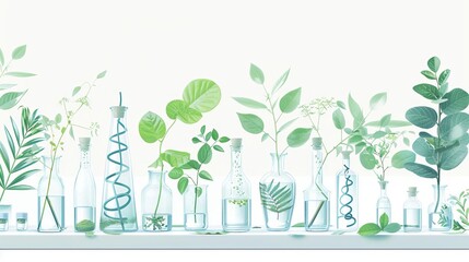 Biology laboratory with plants, DNA structures, and biochemistry elements on white background, nature and science concept, digital illustration