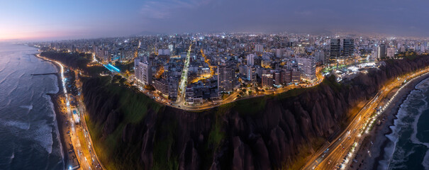 Panoramic aerial view captured with a drone, of the Miraflores district, in Lima, Peru.  The...