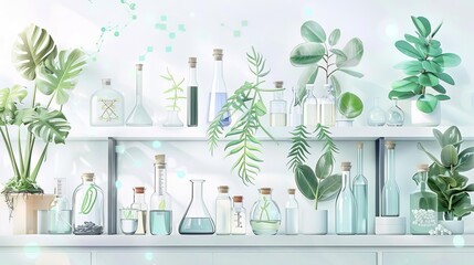 Biology laboratory with plants, DNA structures, and biochemistry elements on white background, nature and science concept, digital illustration - obrazy, fototapety, plakaty