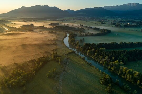 Aerial view of a moor landscape with river in front of mountains, morning light, view of Zwiesel and Benediktenwand, Loisach, Alpine foothills, Bavaria, Germany, Europe