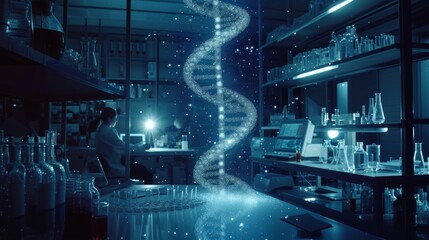 Research scientist is studying a glowing 3D DNA molecular model in a biochemistry lab - obrazy, fototapety, plakaty