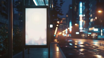 Blank vertical digital billboard at city bus stop with blurred urban background at night, mockup for advertisement, 3D illustration - obrazy, fototapety, plakaty