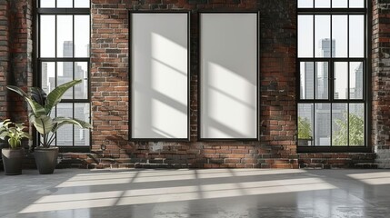 Blank vertical poster mockup on brick wall between black metal windows in industrial loft Interior Mockup