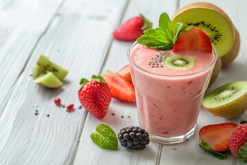 delicious fresh healthy fruit smoothie full of vitamins among fresh healthy fruits on vintage white wood table, generative AI