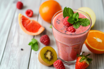 delicious fresh healthy fruit smoothie full of vitamins among fresh healthy fruits on vintage white wood table, generative AI