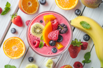 delicious fresh healthy fruit smoothie full of vitamins among fresh healthy fruits on vintage white wood table, generative AI