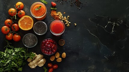 Obraz na płótnie Canvas Food ingredients for blending smoothie or juice on painted glass on black chalkboard. Top view with copy space. Organic fruits, vegetables, nuts, seeds. Vegan, detox, clean eating concept. 