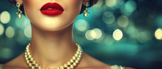  A female mannequin adorned with red lipstick, pearls in its hair, and a pearl necklace around its neck - obrazy, fototapety, plakaty