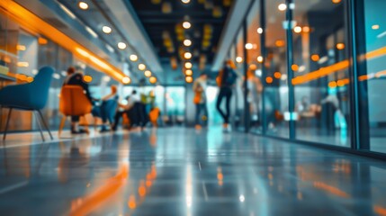 Fototapeta premium Blurred office interior with people and bokeh lights, abstract business background, contemporary workplace concept, abstract photo