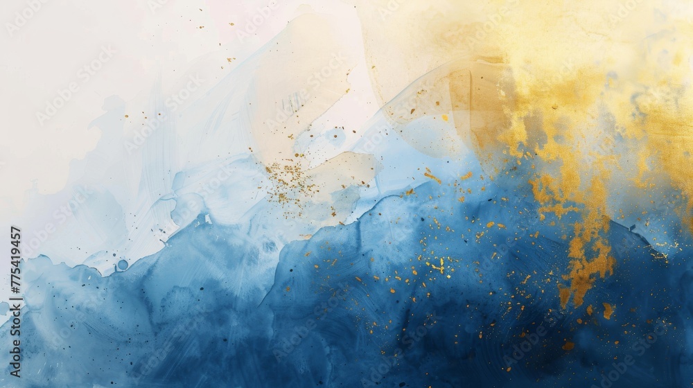 Wall mural artistic blue and gold ink flow on white background. abstract liquid watercolor effect with splashes