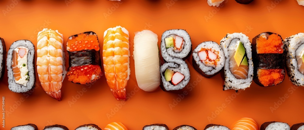 Poster sushi written in cursive on an orange surface, featuring various types