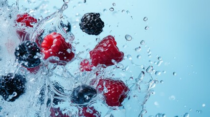 An explosion of flavor with organic berries caught in a moment of freshness with a splash of water, on a clean blue background, symbolizing freshness and naturalness, no text, no titles --ar 16:9 -