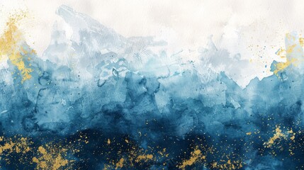 Blue watercolor landscape with golden splatter. Abstract painting with copy space. Serenity and luxury concept.