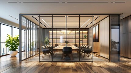 Bright modern conference room interior with glass partition and wooden flooring, 3D rendering - obrazy, fototapety, plakaty