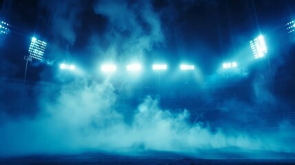 Bright stadium arena lights shining through smoke, dramatic night scene