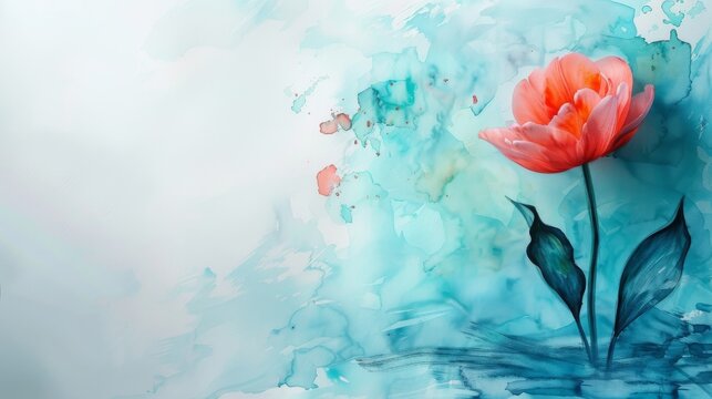 Single orange tulip on a blue watercolor background. Artistic botanical illustration with place for text. Springtime and nature concept for design and print.