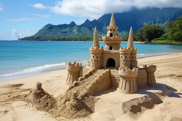 sand castle on beautiful exotic beach in vacation, generative AI