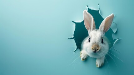Bunny peeking out of a hole in blue wall, Easter concept illustration - obrazy, fototapety, plakaty