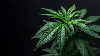 Close-up view of a cannabis plant with black background.