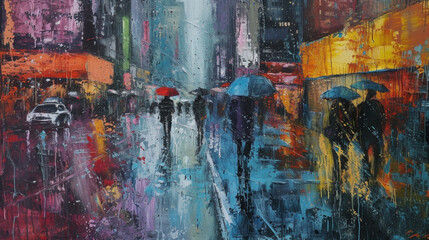 Oil painting of New York City street in rain - obrazy, fototapety, plakaty