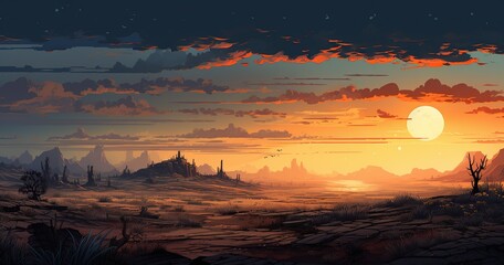 artwork for a table-top fantasy game represents a plains landscape, moody pixel art style