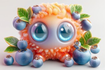 Soft, furry orange creature with big, shiny eyes nestled among blueberries and leaves