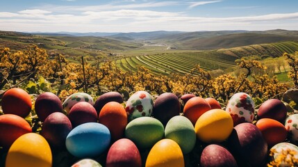 Aerial view of a sprawling vineyard with Easter eggs nestled between the grapevines